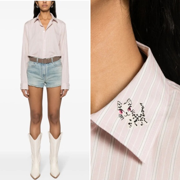 Zadig & Voltaire Tops - Zadig & Voltaire Cool Cat striped button up light pink cotton embroidered shirt